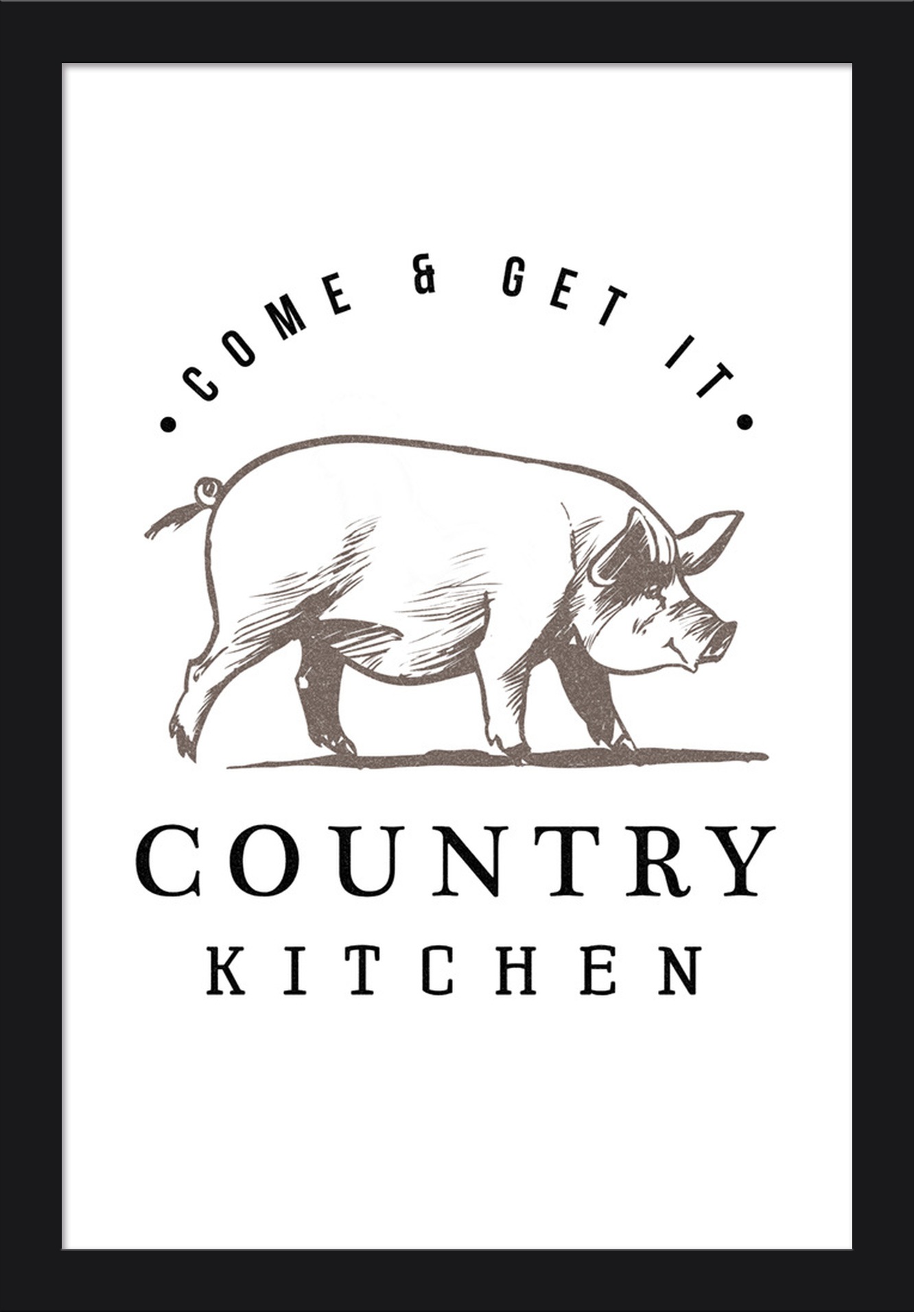 16x24 Giclee Art Print, Gallery Framed, Black Wood Country Kitchen Pig on White 16x24 Giclee Art Print, Gallery Framed, Black Wood Country Kitchen Pig on White